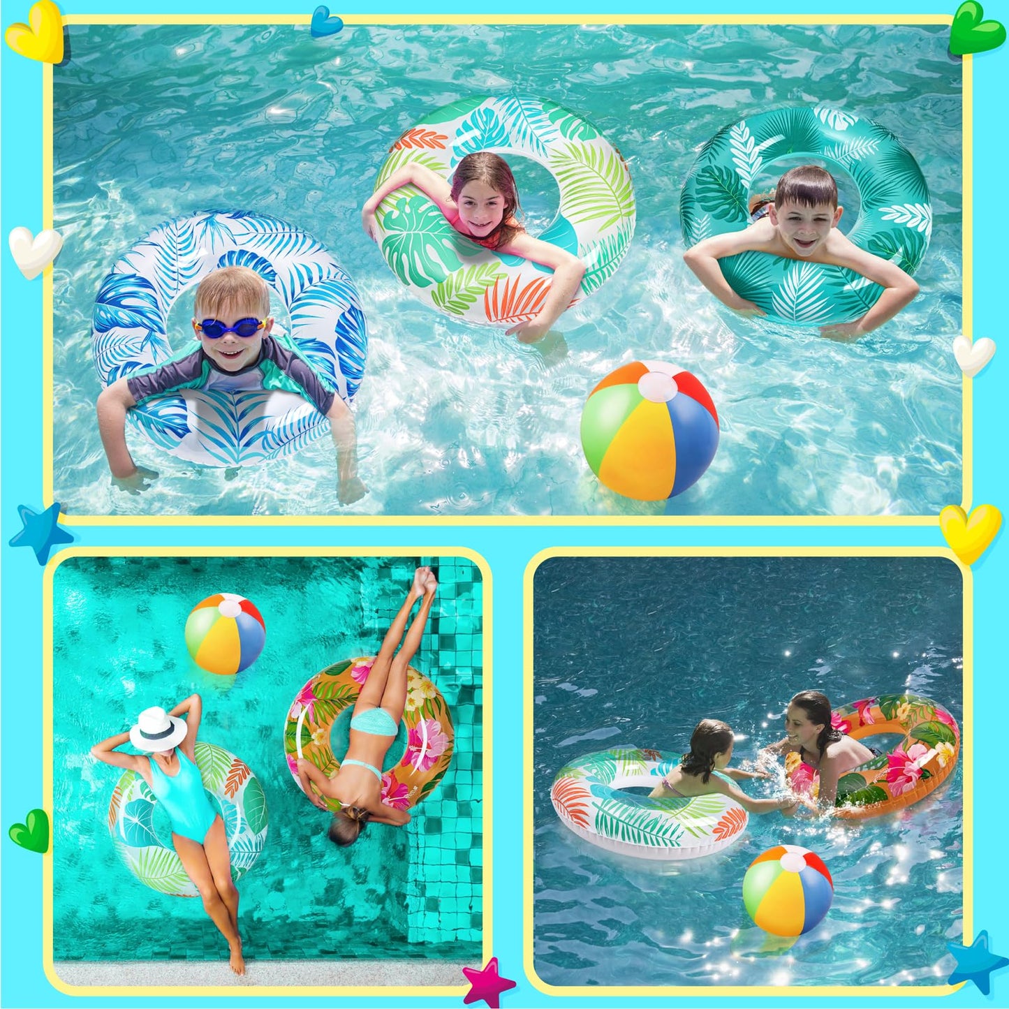 90Shine 7Pcs Luau Pool Floats: Hawaiian Swimming Rings With 13.5' Beach Balls - Inflatable Tubes Floaties Toys For Kids Adults