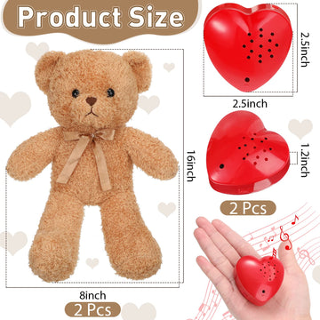2 Pcs Bear Stuffed Animals With Voice Recorder Set, 60 Seconds Voice Sound Recorder Module 16 Inch Soft Plush Bear Cute Stuffed Bear With Zipper Sound Box Recordable Heart For Boys Girls (Light Brown)
