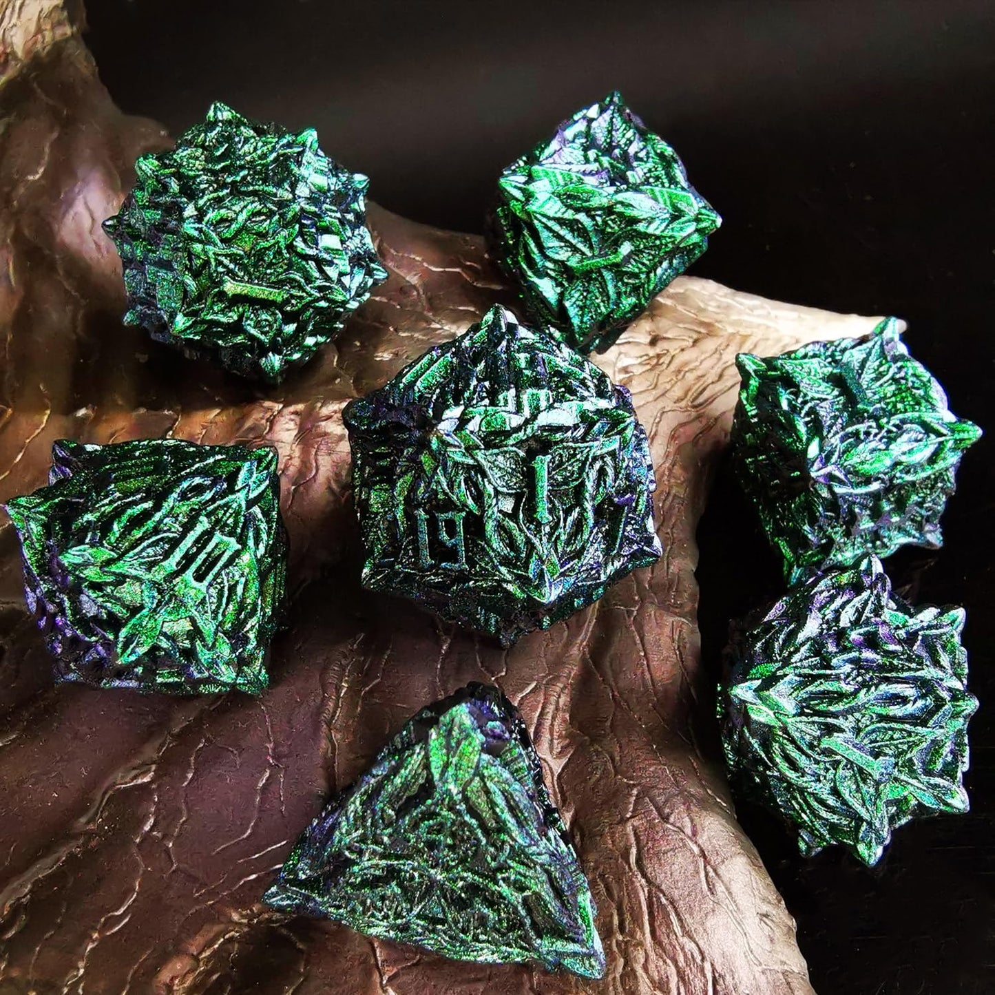 MJDICEOK Metal Dice Vine Leaf Set 7 Role Playing Polyhedral D&D Solid Dungeons and Dragons Dice (Green Blue)