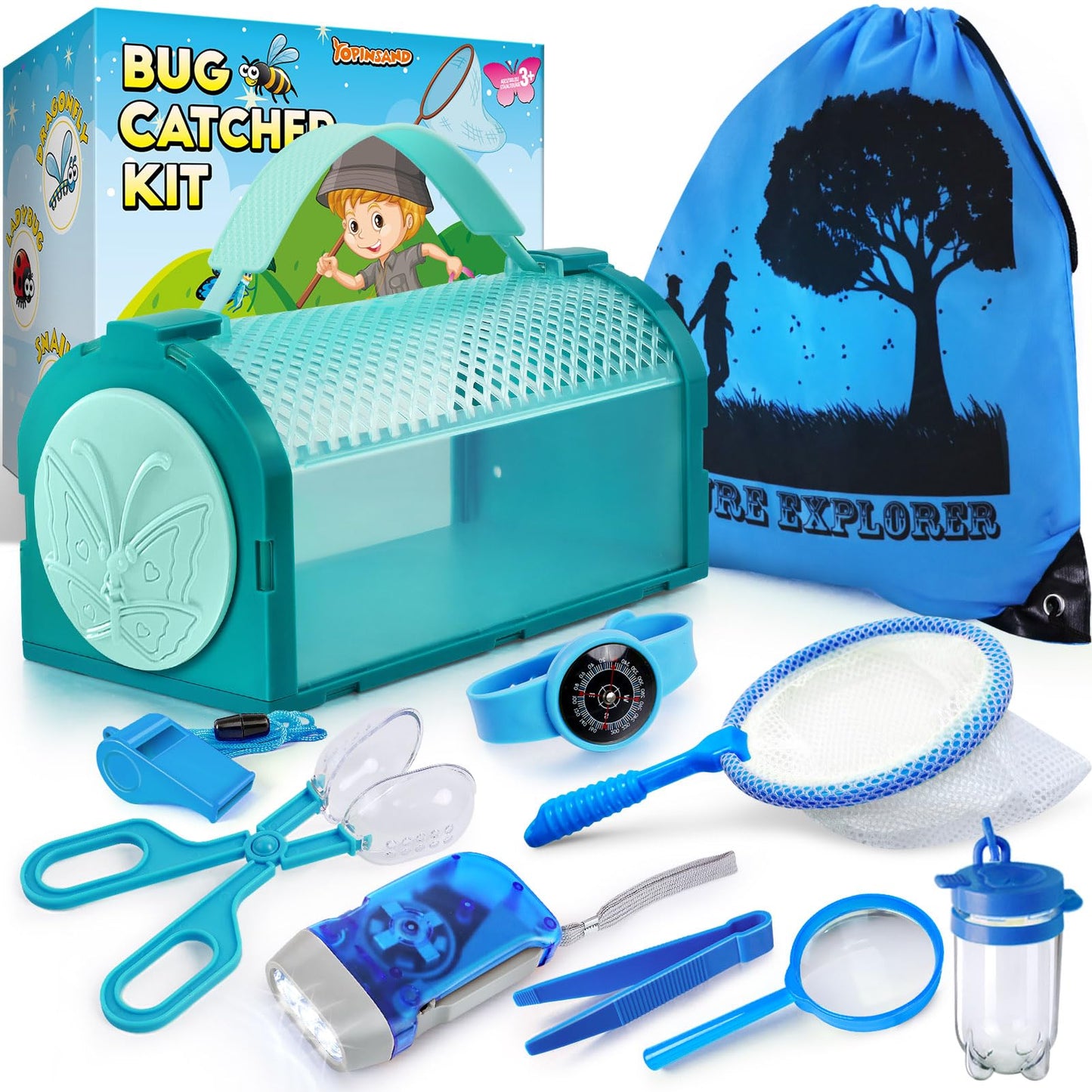 Yopinsand Bug Catcher Kit & Outdoor Explorer Kit For Kids, 11 Pcs Bug Catching Kit With Toy Cage, Backpack, Flashlight, Manifyin