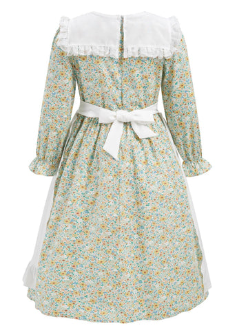Fortmac Prairie Dress Girls Pioneer Colonial Costume Floral 1800S Pilgrim Costume With Apron And Bonnet Green 7-8Y