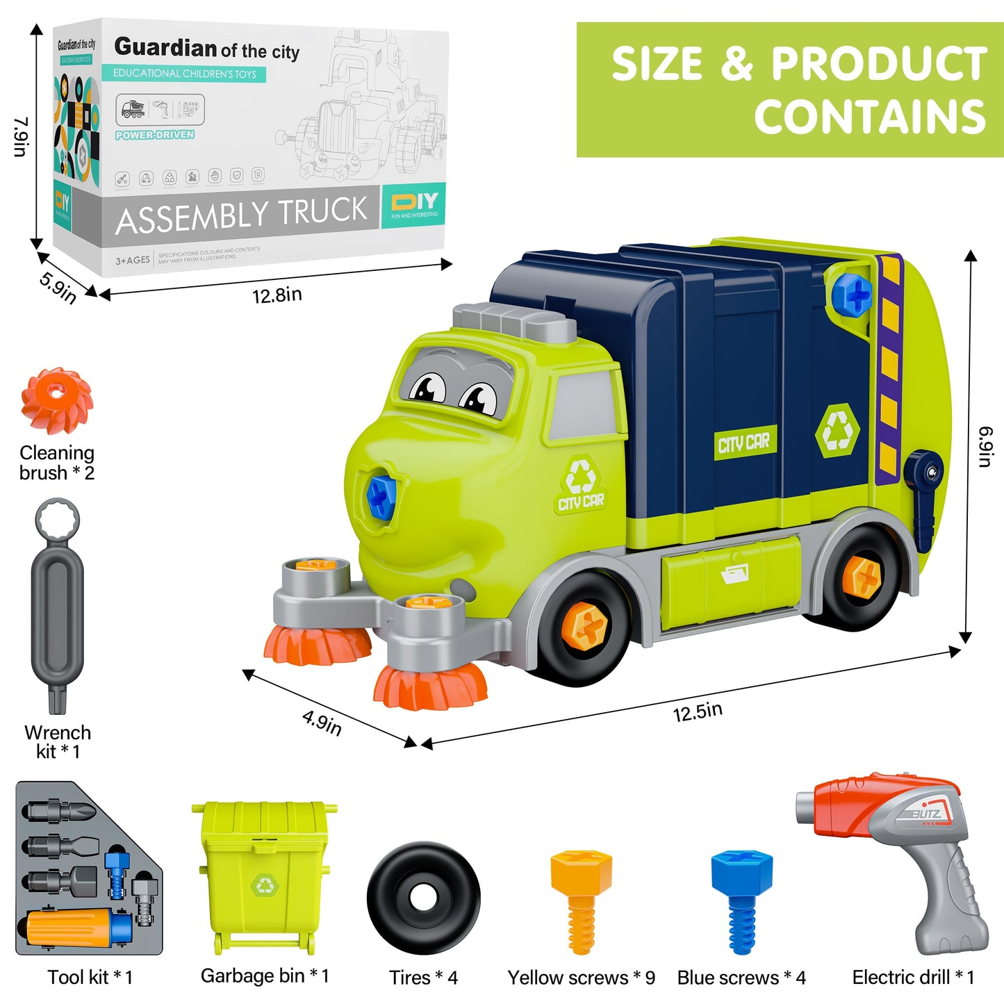 BASUN Take Apart Electric City Clean Truck Toy Set, STEM Plastic Toys for 3-8 Years, Green, DIY with Electric Drill