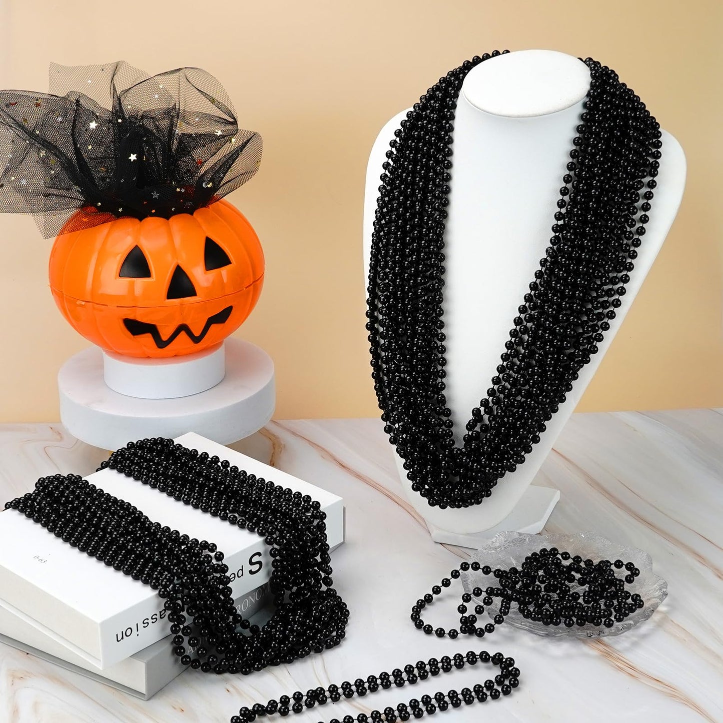 YAXINRUI 144 PCS Black Bead Necklaces, Black Mardi Gras Beads, Halloween Beads Necklaces, New Year Eve Necklaces, 33 Inch Black