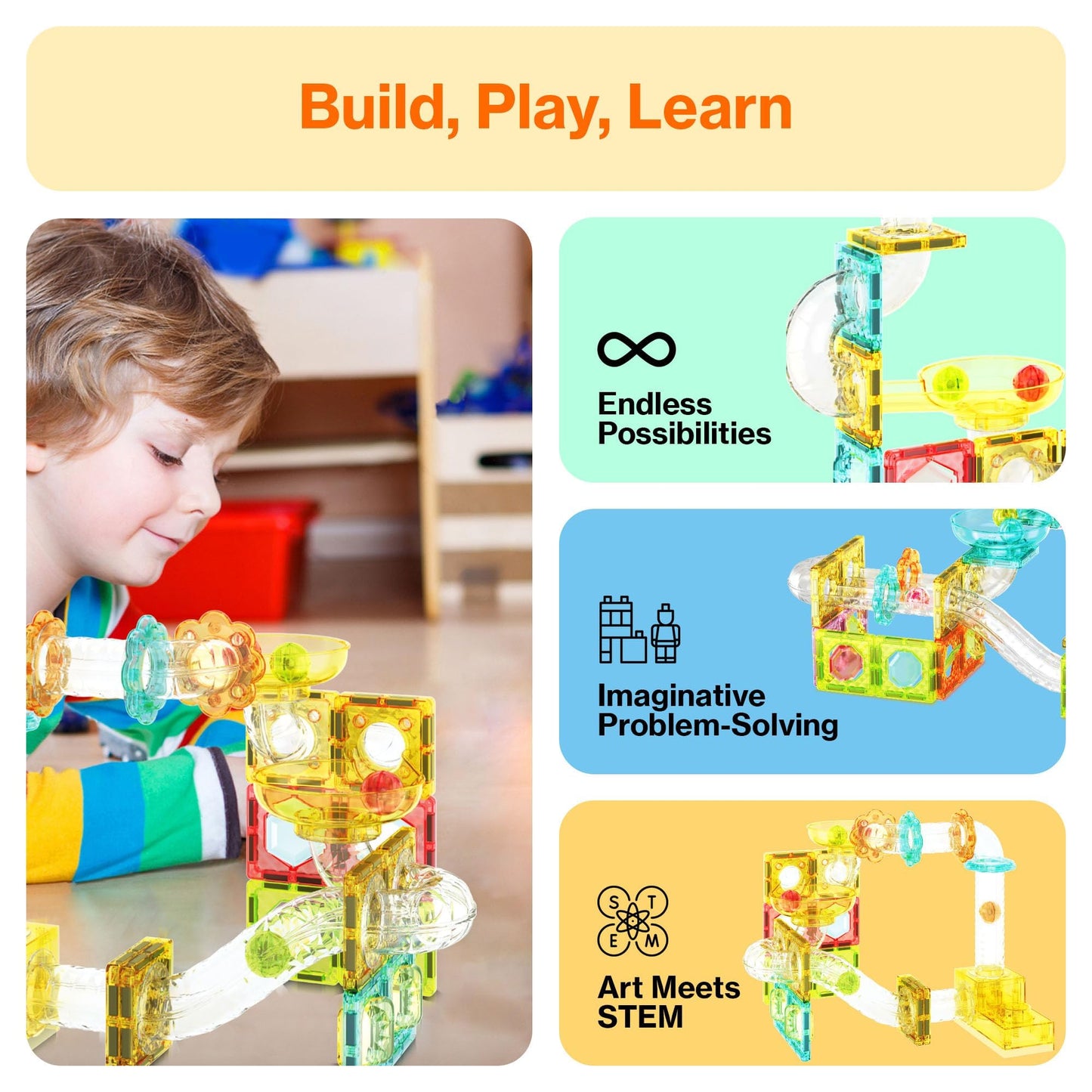 Picassotiles 100 Piece Magnetic Marble Run Travel Size Sensory Toddlers Construction Toy Set Mini Diamond Magnet Tiles Marbles F