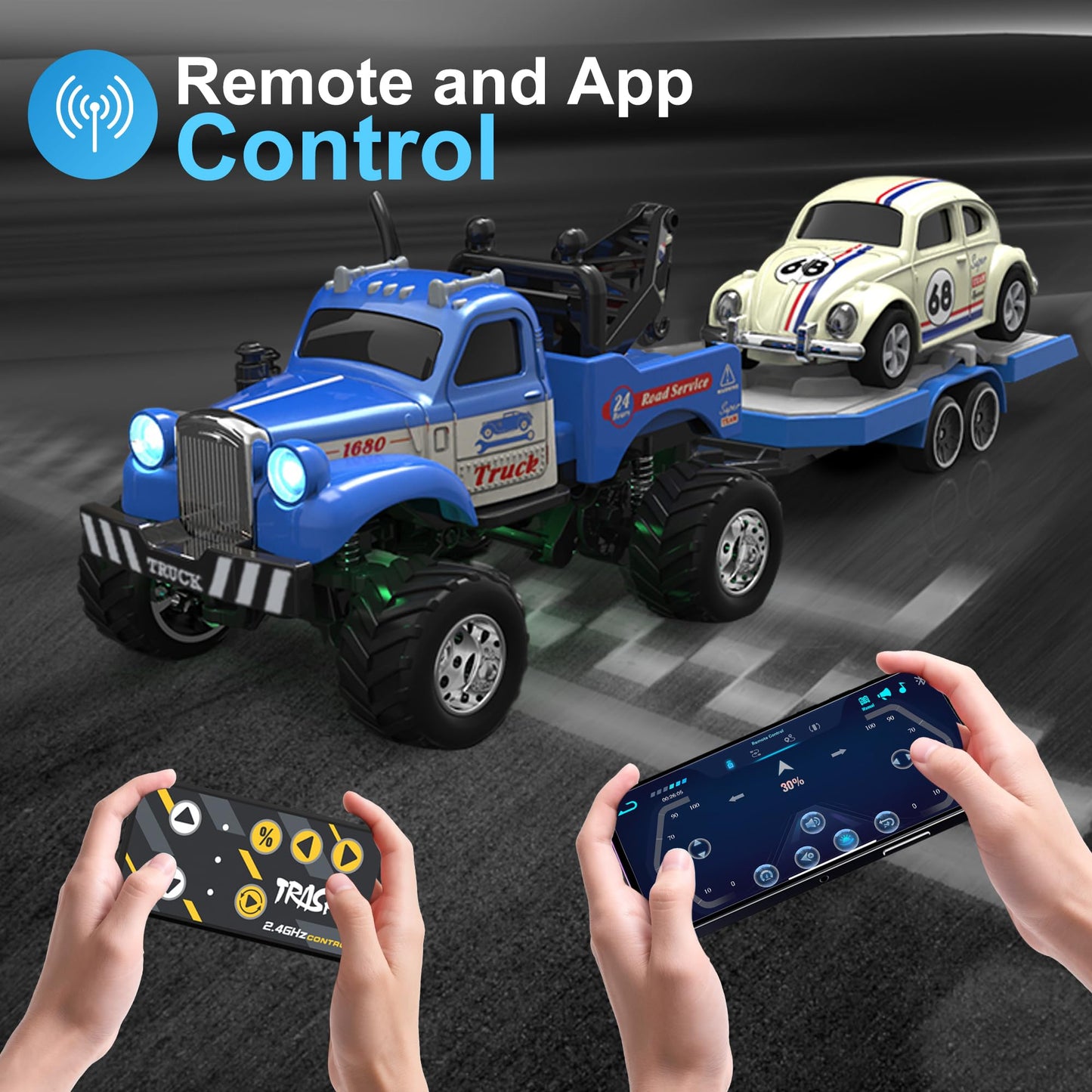 Moontoy 1:64 Scale Mini Alloy Truck Rc Car With Led Lights, 2.4Ghz Remote And App Control Toy Car, 3-Speed Adjustment Pocket Toy