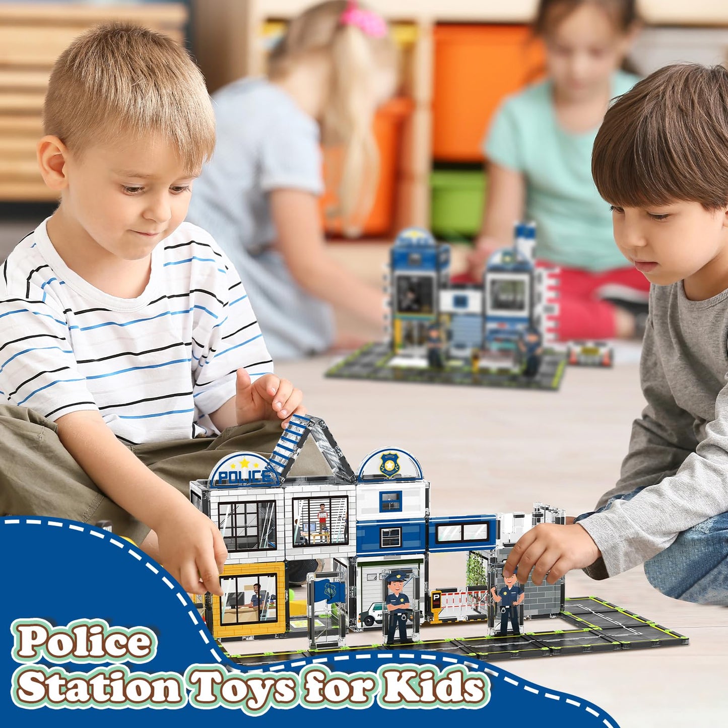 AFUNX Magnetic Tiles, 50PCS Police Station Theme Building Blocks Set, Magnet Building Blocks and STEM Preschool Toys for Toddler