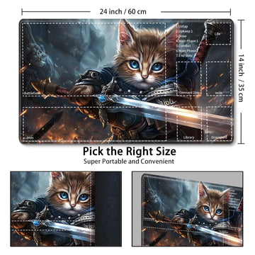 for MTG Card Playmat with Zone Game Play Mat for MTG TCG 24 x 14 inches Non-Slip Play Mat for Commander Board RPG CCG Game TCG Other Card Games/Mouse Pad-Cat Warrior Holds The decorative replica blade