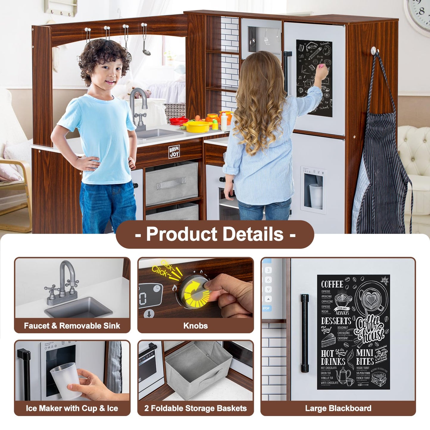 BRINJOY Corner Play Kitchen for Kids, Wooden Toddler Kitchen Playset w/Faucet, Sink, Microwave, Oven, Apron, Blackboard, Storage