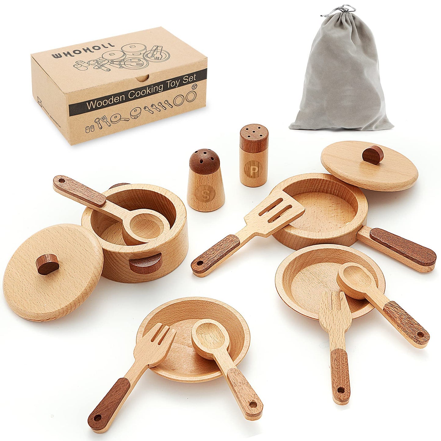 WHOHOLL Wooden Toys Play Kitchen Accessories, Montessori Toys for 1 2 3 4 5 + Years Old Toddlers, Toy Kitchen Play Dishes & Play