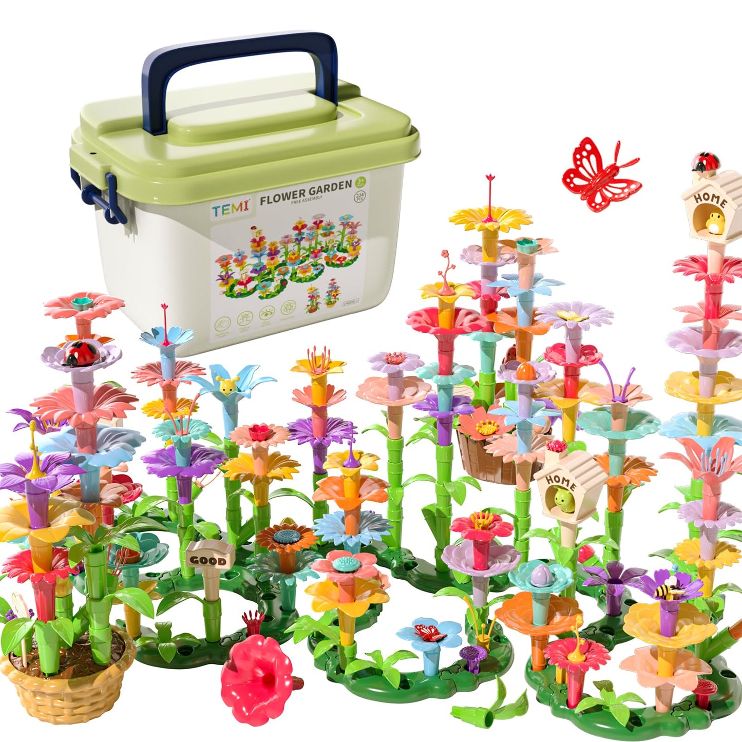 Temi 224 Pcs Flower Garden Building Toys For Girls Toys, Educational Stem Toy And Preschool Garden Play Set For Toddlers 3 4 5 6 7 Year Old Kids Boys Girls, Flower Stacking Toys For Kids Age 3-6