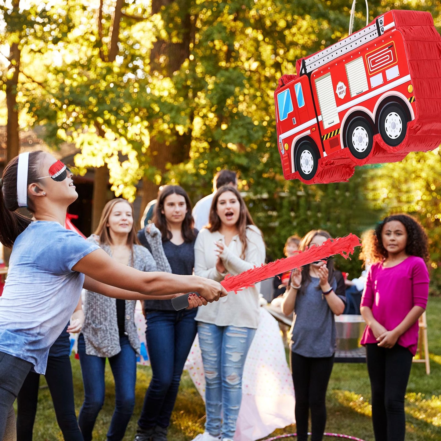 Aoriher Fire Truck Piñata - 16.14" x 8.9" x 3.15", Cardboard, Includes Blindfold, Bat & Confetti, Perfect for Kids