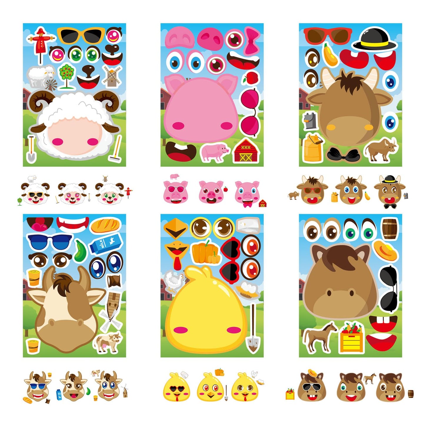 24 Pcs Make-A-Face Sticker Sheets Make Your Own Farm Animal Mix And Match Sticker Sheets With Sheep, Pigs, Cow And Chickens Kids