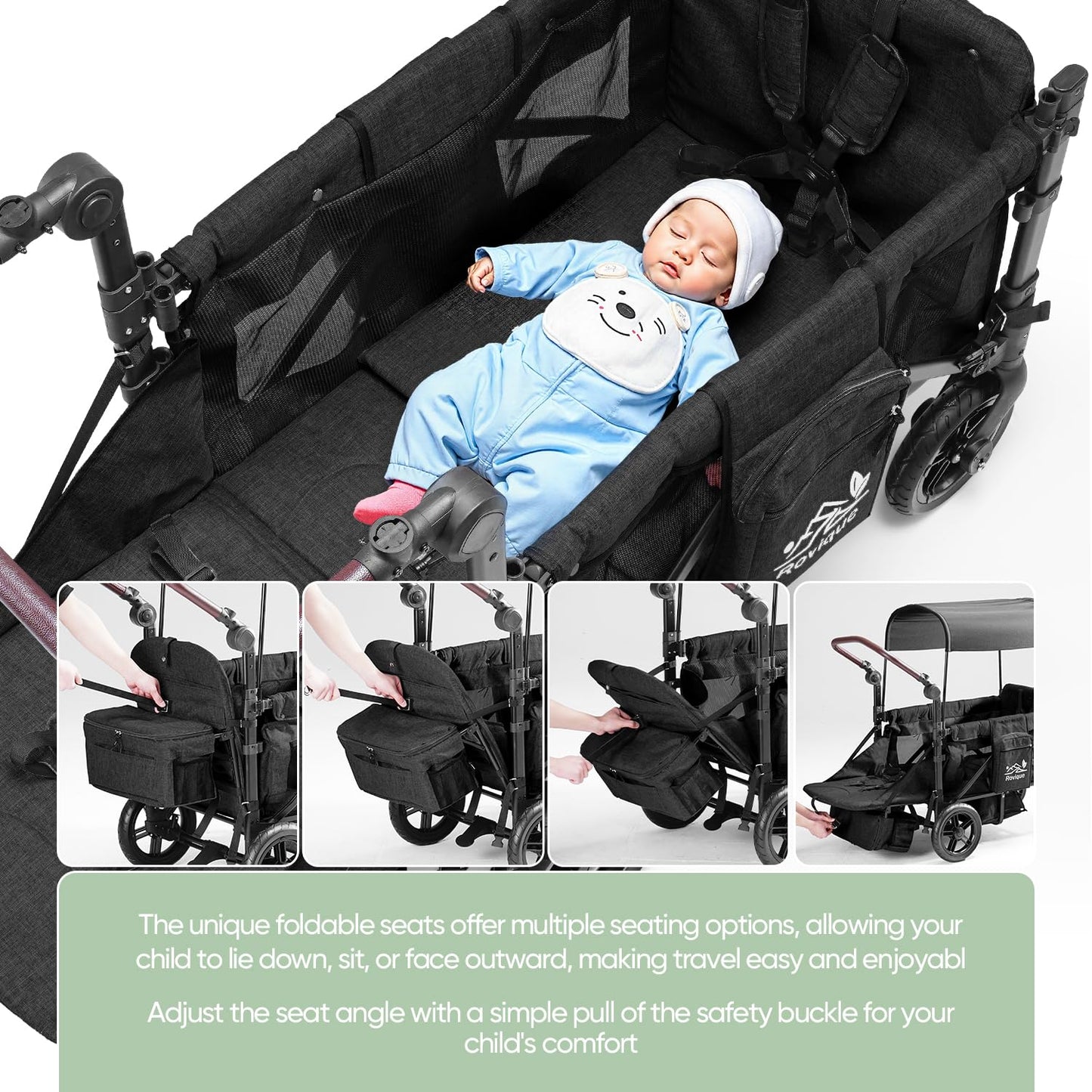 Rovique Wagon Stroller for 2 Kids enhanced Wagon for Kids with Removable Canopy Snack Tray All-Terrain PU Wheels & Adjustable Push/Pull Handle (Black)