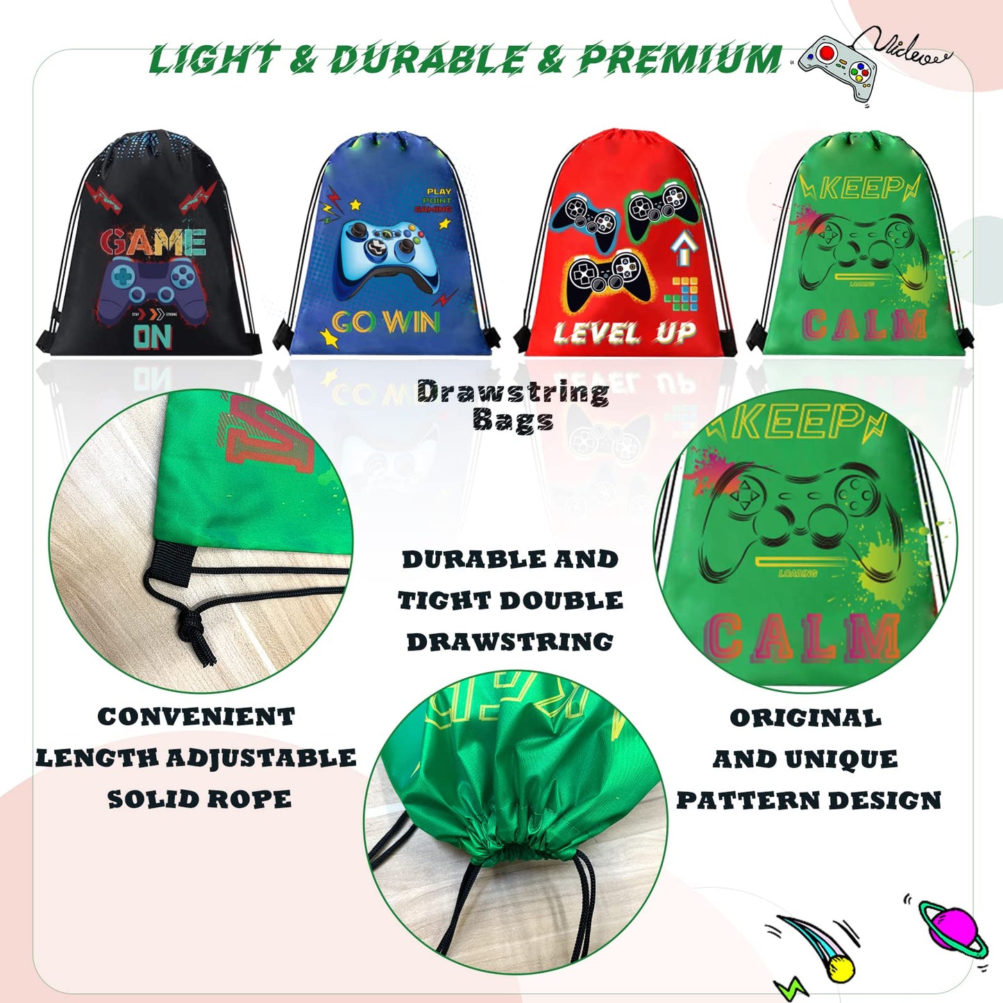 61 Pcs Video Game Party Favors, Gamer Party Favors Bags Includes 12 Pcs16 X 13 Inch Video Game Party Drawstring Bags Slap Bracel