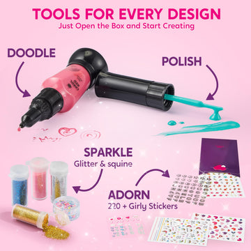 Klever Kits Nail Polish Art Kit for Kids, Kid-safe, Non-toxic Materials-Children Nail Studio With Glitter, Stickers Sequins, Str