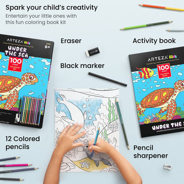 ARTEZA Kids Coloring Book and Colored Pencils Kit, 8.5x11 Inches, Sea Creature Illustrations, 50 Double-Sided Coloring Sheets, 1