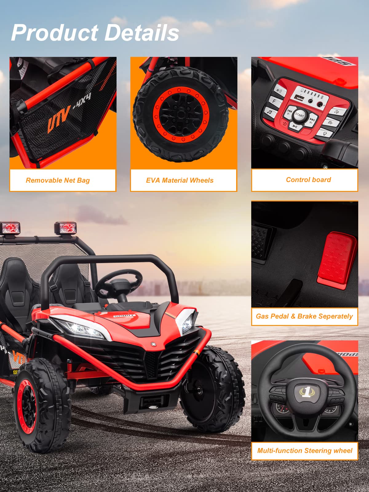 Ottaro 24V 10Ah Ride On Utv Cars 2 Seater, Electric Cars Vehicles For Kids Teens,Metal Frame,Eva Wheels, 2X200W Powerful Motors,