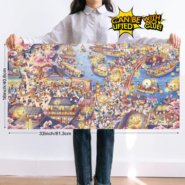 Puzzles For Adults 1000 Pieces, Momibook Jigsaw Puzzles Of Chinese Village Town Cat, Painting Image 81.3X40.6Cm(32''X16'') Toys