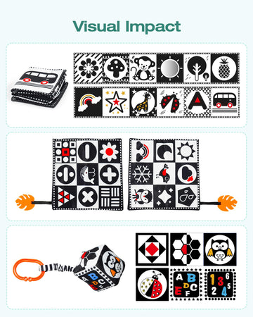 Melican 3 Pcs Black And White High Contrast Baby Toys 0-3 Months For Newborn, Montessori Toys For Babies Sensory Soft Book For E