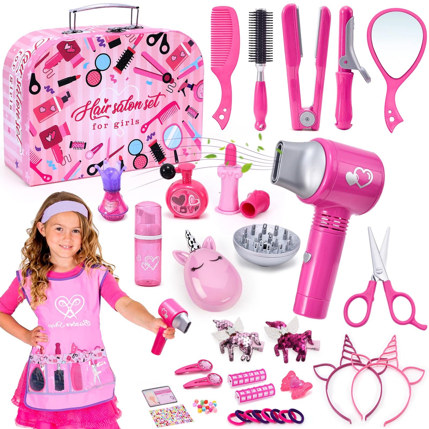 Lorfancy 49 Pcs Hair Salon Girls Toys Kids Pretend Play Makeup Sets Toddler Dress Up Beauty Hair Stylist Kit With Hairdryer Apro
