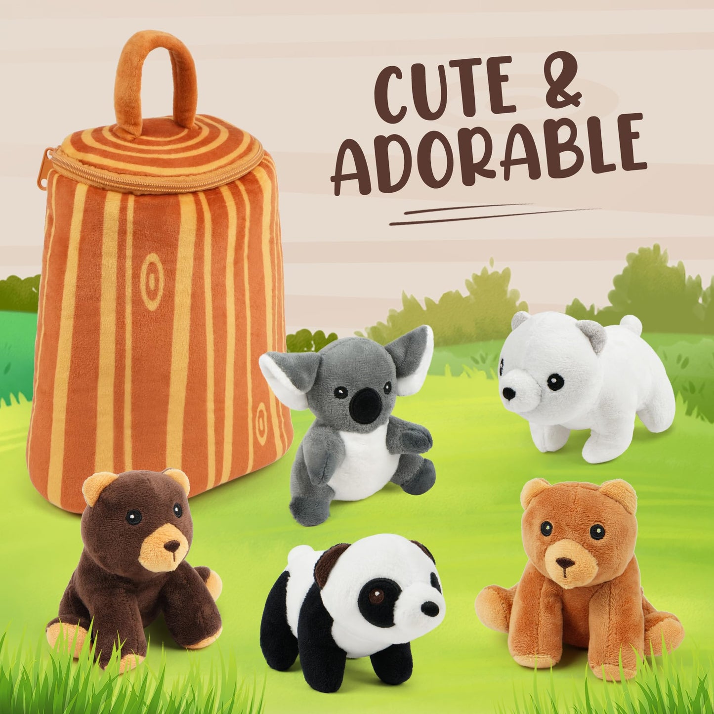 Benben Stuffed Animals, 5 Small Forest Animals With Tree Stump Carrier Set, Plush Toy For Kids Toddlers, Bears, Panda, Koala, Polar Bear Plushies Gift For Baby Shower, Stocking Stuffers