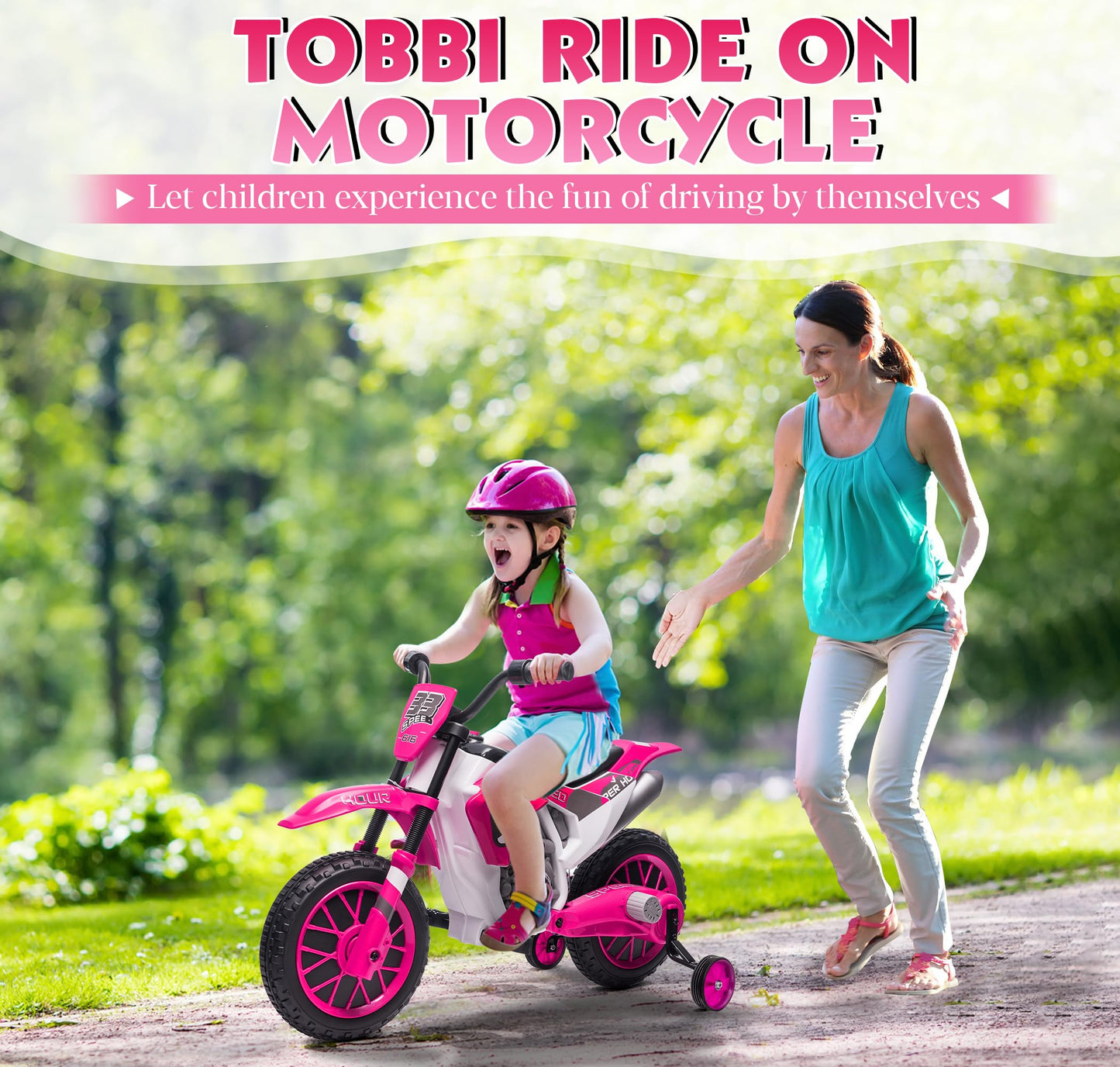 TOBBI 12V Electric Motorcycle for Kids, Large Rose Pink Dirt Bike with Training Wheels, Ideal Gift for Boys & Girls Aged 3+