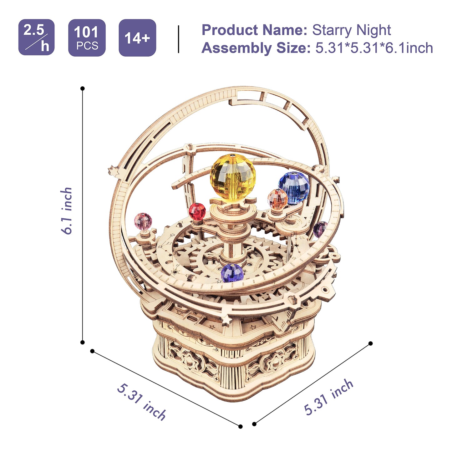 Rowood Music Box 3D Puzzles For Adults, Diy Wooden Mechanical Building Model Kits, Gift For Teens Kids On Children'S Day/Birthday/Christmas - Starry Night