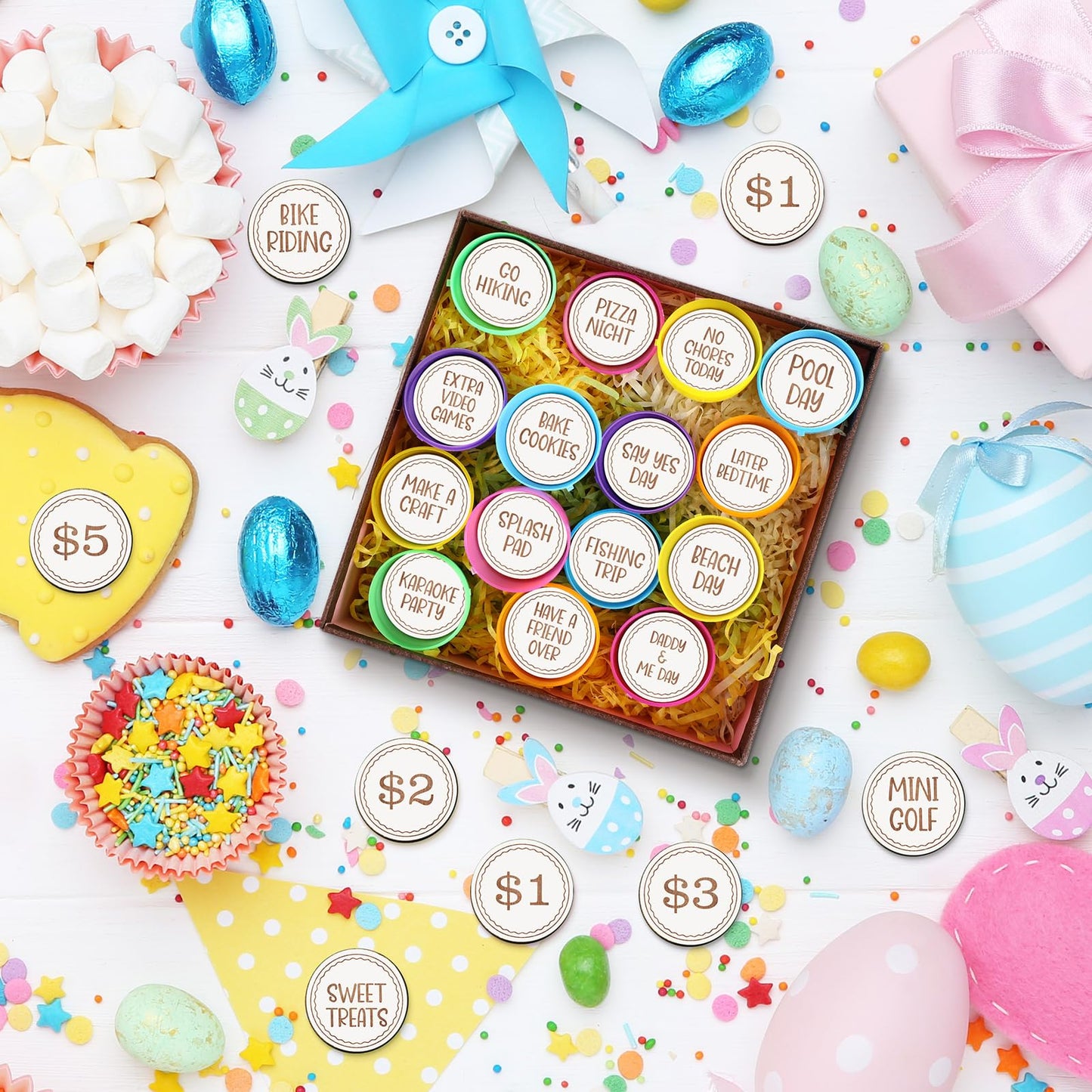 Seeloowy 36 Pcs Easter Egg Tokens Wood Egg Fillers Reward Tokens Easter Party Favors Gift for Basket Stuffers(Round)