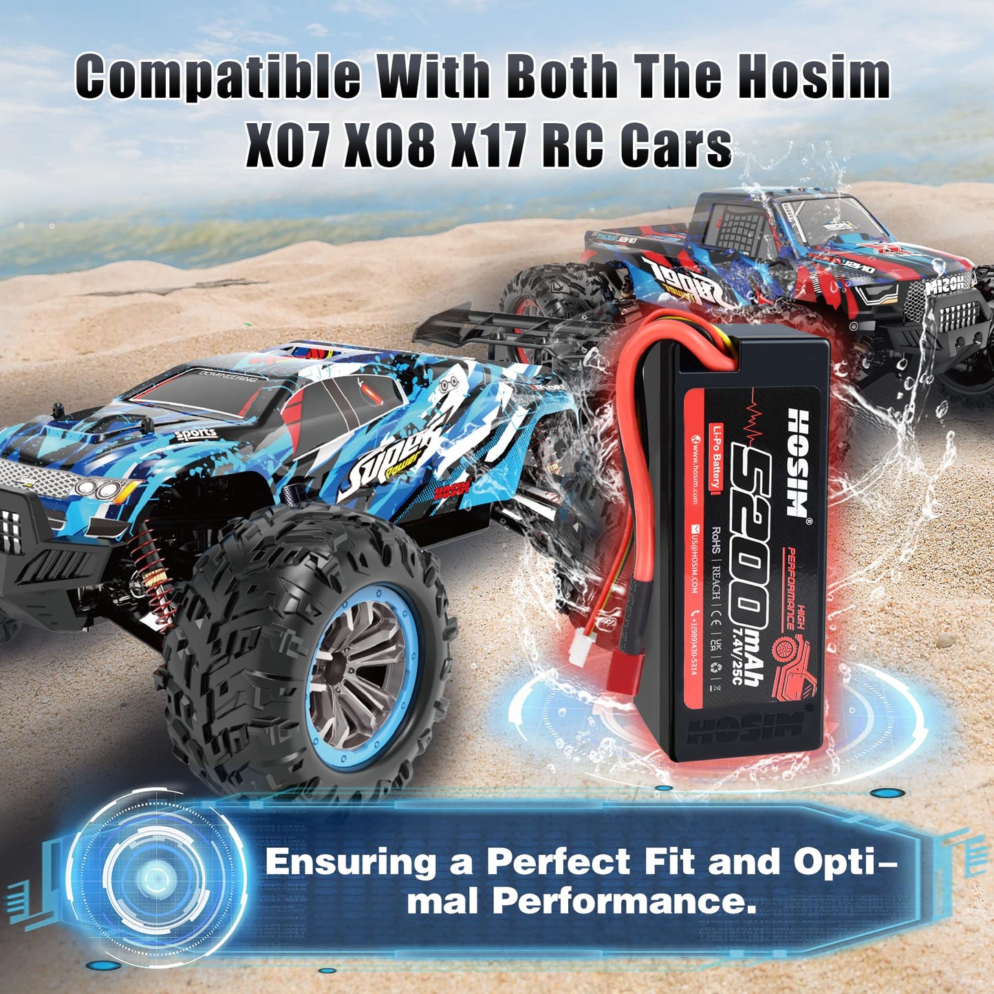 Hosim 2Pcs 2S 7.4V 25C 5200Mah Lipo Battery Rc Car Truck Rc Vehicles Boat Battery Fit For X08 X07 X07W High Speed Rc Cars 1/10 S