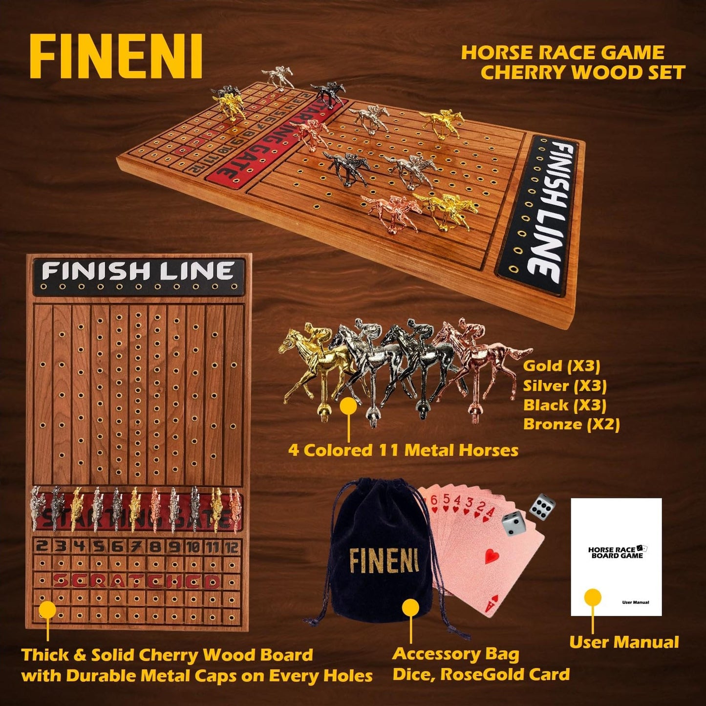 Fineni Horse Racing Game For Adults, Horse Race Board Game With 11 Luxurious Metal Horses (Gold, Silver, Black, Rose Gold), 22