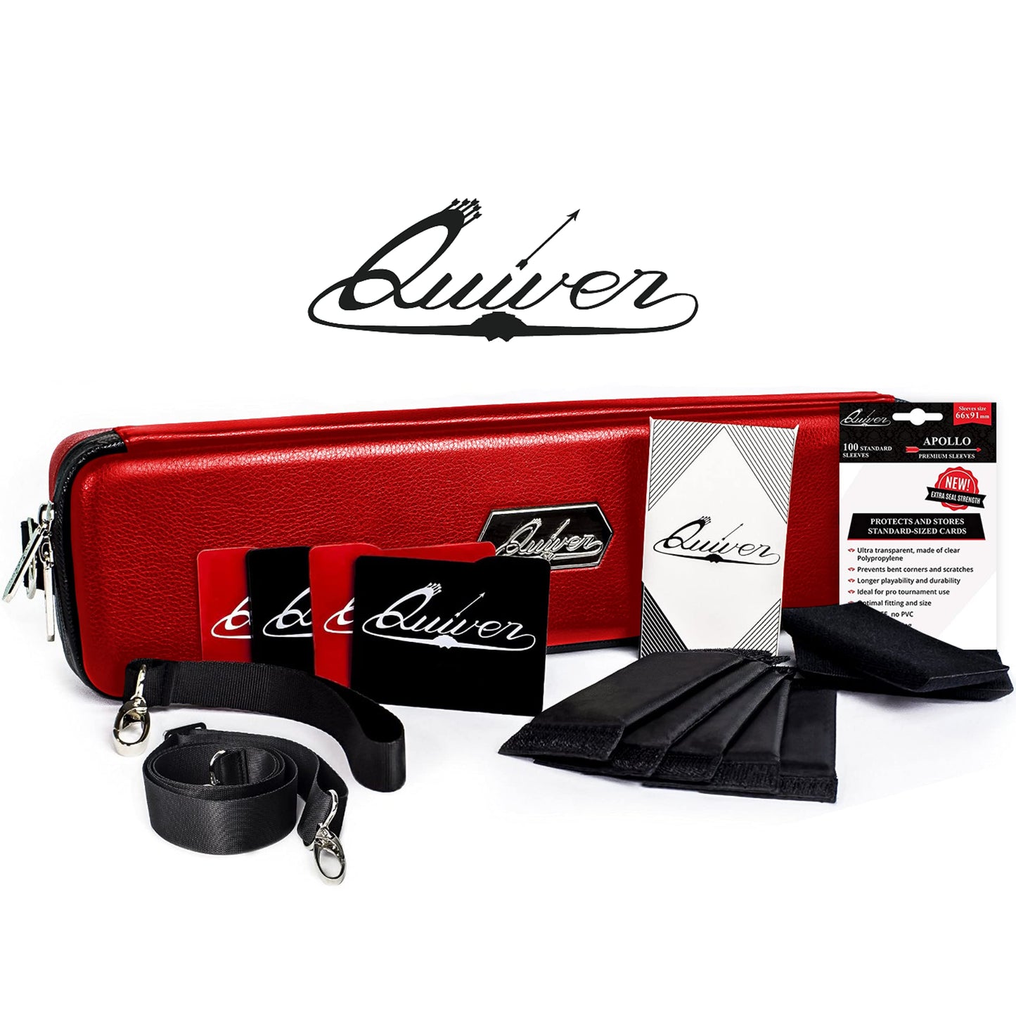 Quiver Time Red Quiver Card Carrying Case - Playing Card Case Holder For Trading Cards, Mtg Card Storage Bag Deck Box Card Case (+Wrist & Shoulder Strap, Dividers + 100 Apollo Card Sleeves)