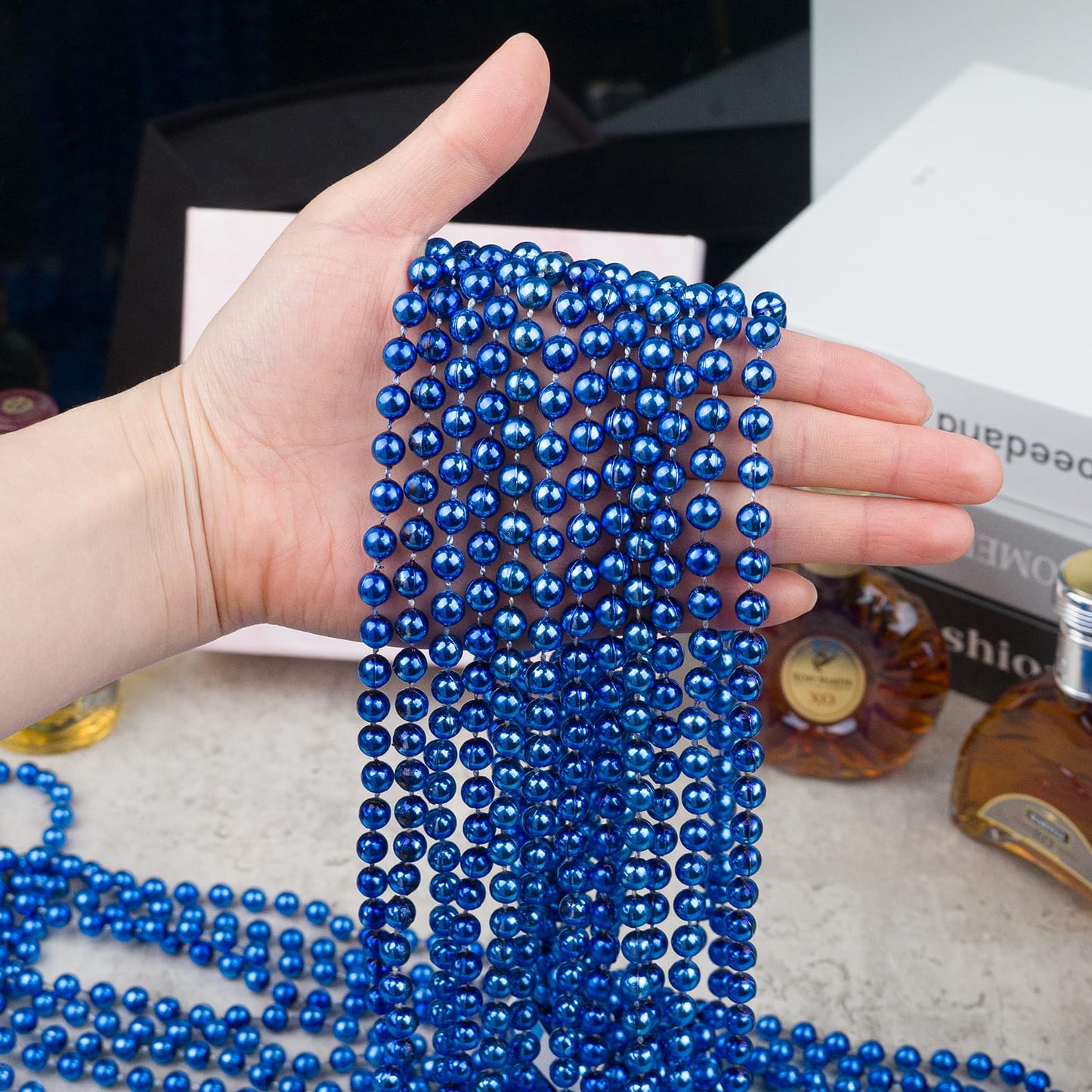 ZYFLSQ 100 Pcs 33'' 7mm Metallic Blue Beads Necklaces, Bulk Mardi Gras Beaded Necklaces, Party Beads Costume Necklaces