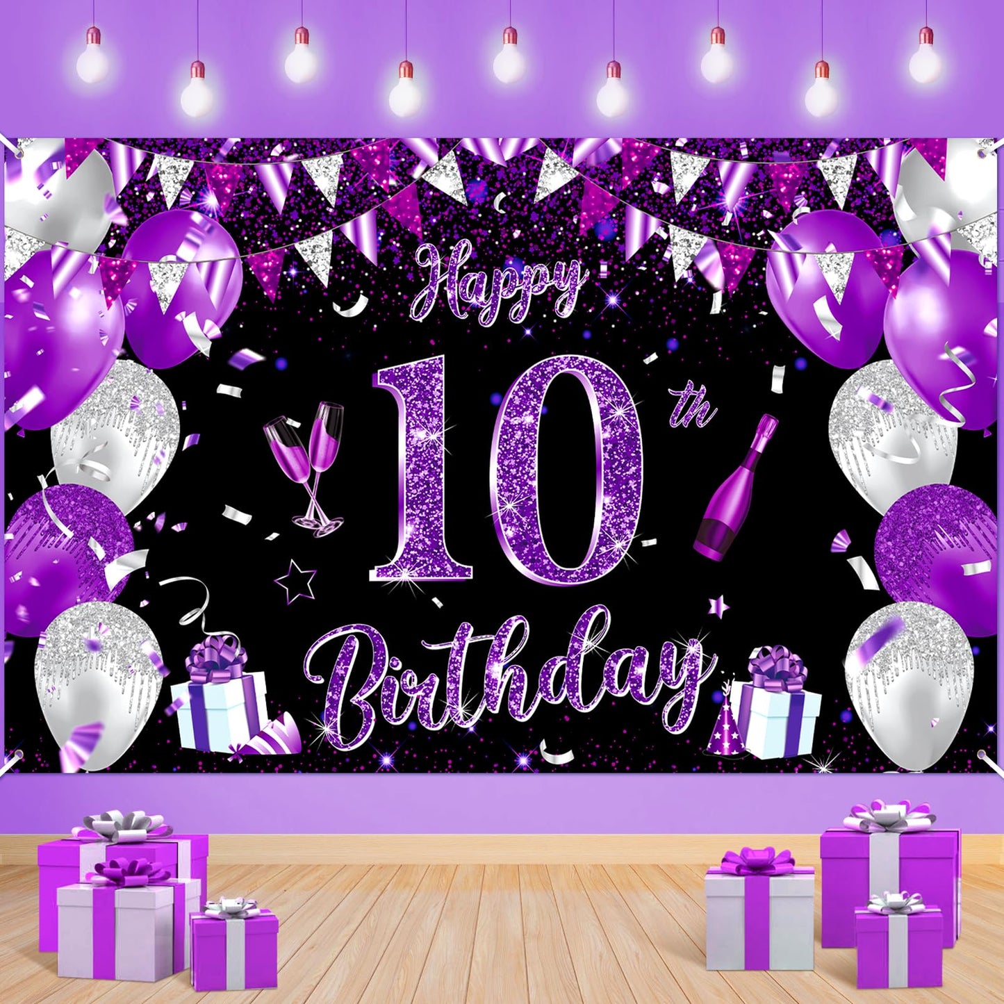 Purple 10Th Birthday Decoration Banner For Girls Large Black Purple Silver Happy 10Th Birthday Banner Purple And Black 10Th Background For 10Th Birthday Anniversary Party Supplies