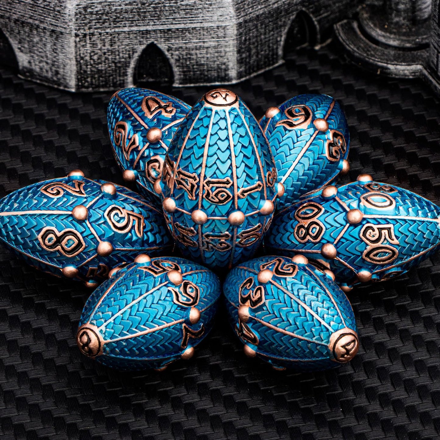ARUOHHA DND Metal Dice Copper Blue Dragon Egg Dice with Rotating Dragon Egg Shell, Dungeons and Dragons Role Playing Game RPG D&