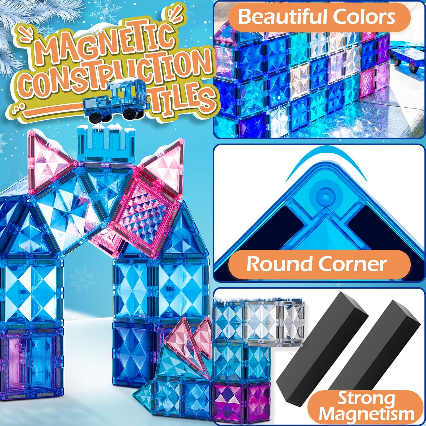 Pitpat 128 pcs Magnetic Tiles for Kids with 2 Cars and Storage Bag, Magnet Blocks Building Set with Stronger Magnets, Magnetic S