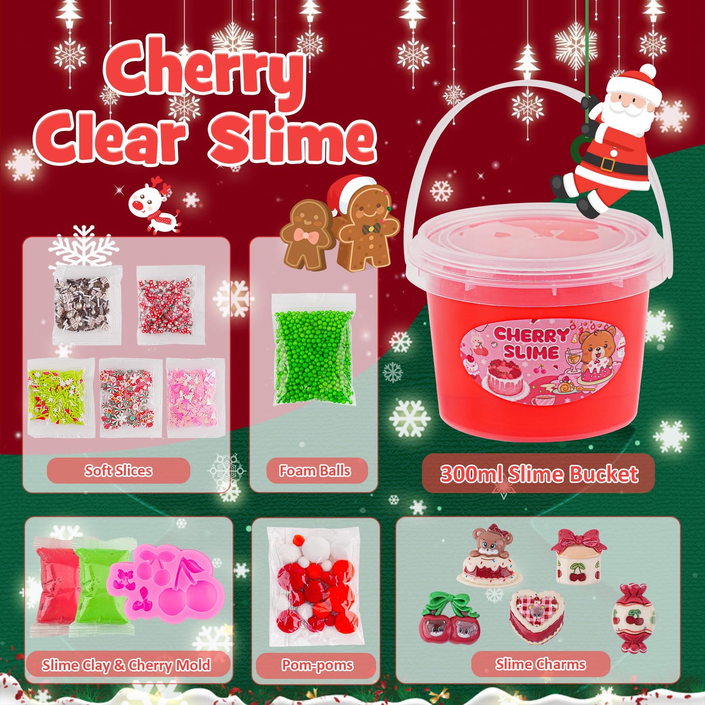 Cherry Red Christmas Slime Kit, Clear Slime Bucket With Slime Clay, 10 Packs Of Add-Ins, Slime Party Favors For Kids, Birthday E