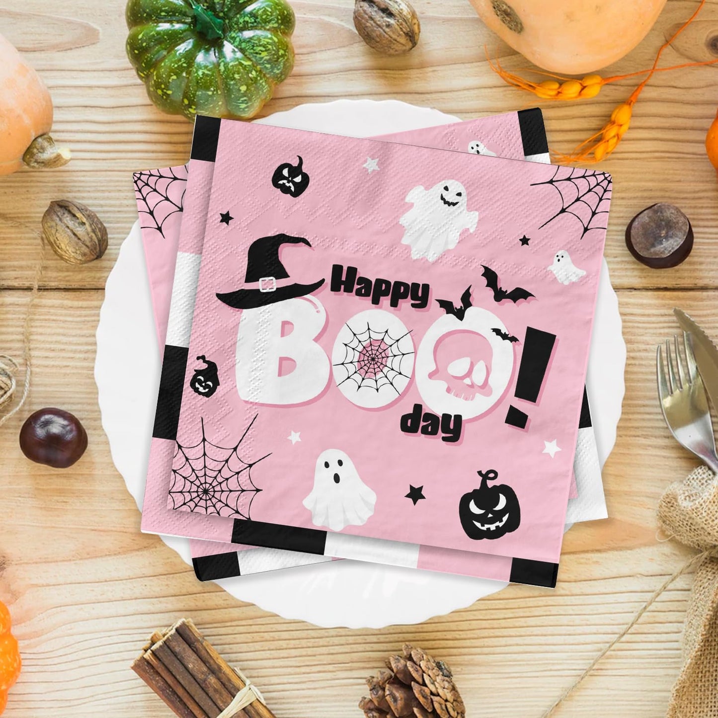 Happy Boo Day Party Napkins, Halloween Party Supplies 40Pcs Pink Happy Boo Day Napkins, Halloween Ghost Disposable Napkins For H