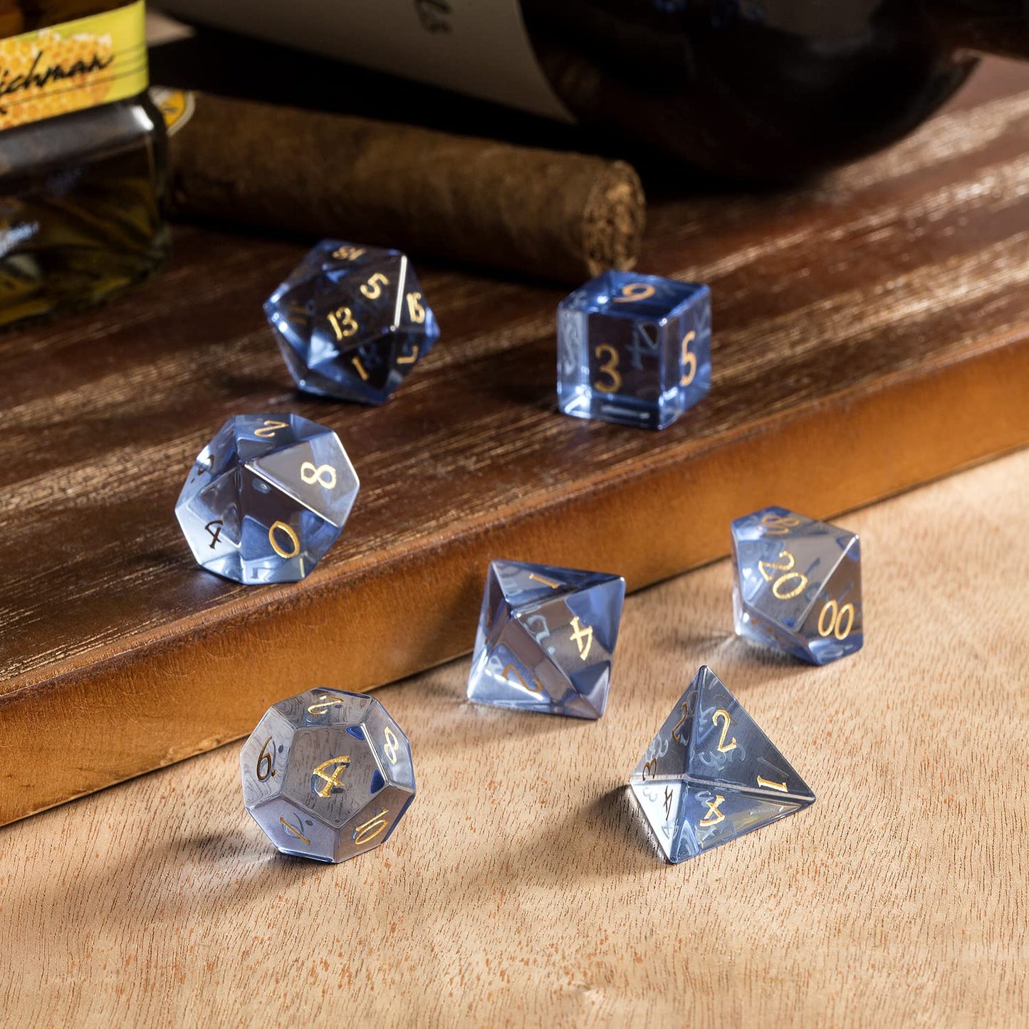 Glass DND Dice Set DNDND 7 Piece Zircon Dice with Great Gift Box for D&D Dungeons and Dragon Tabletop Game (Blue Glass with Gold