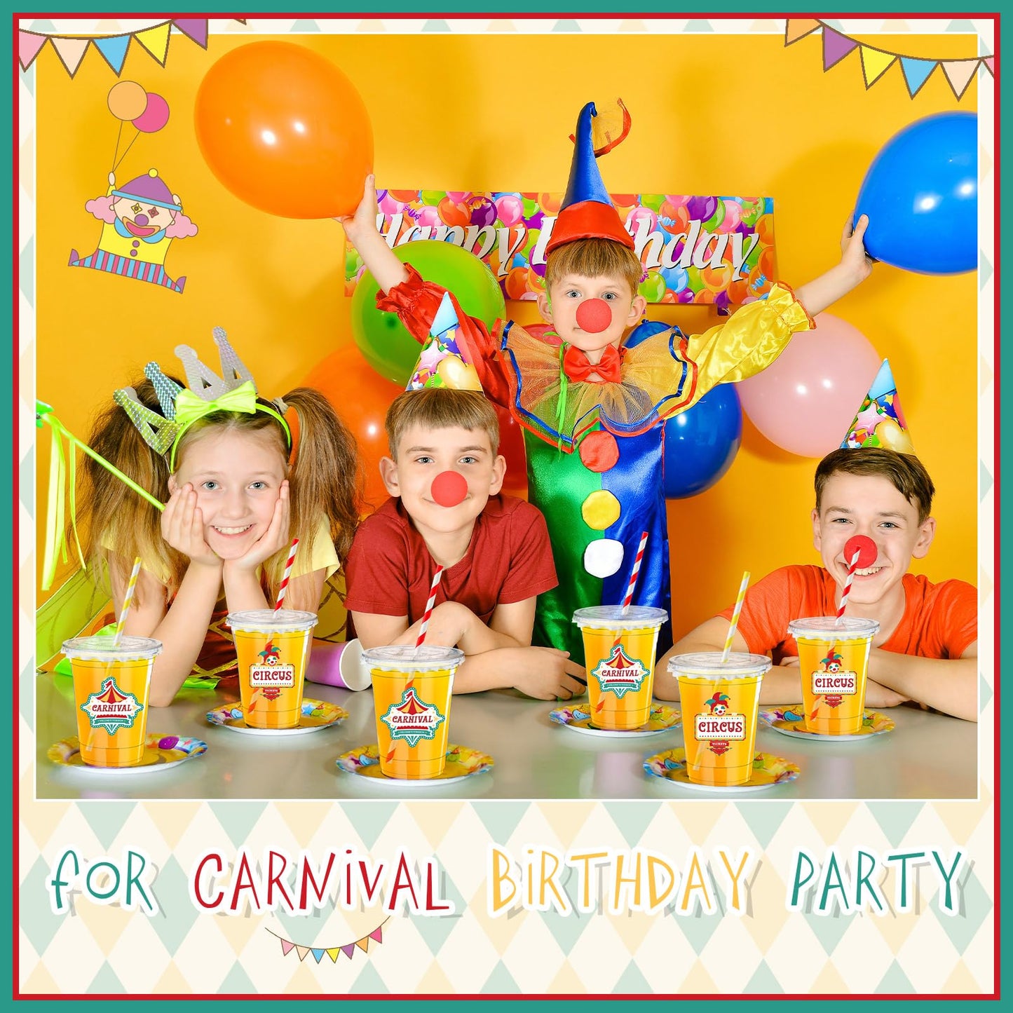 Foldtier 50 Pcs Carnival Party Plastic Cups 12 Oz Disposable Plastic Cups With Straws And Lids Circus Clear Cup Birthday Cups Su