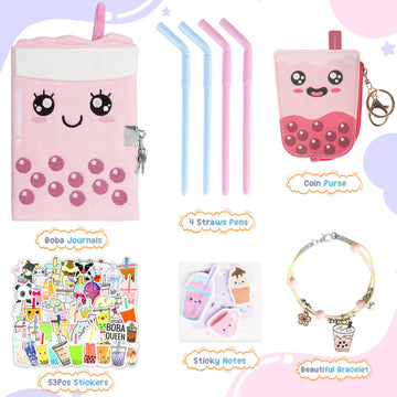 Primo Lines Personalized Boba Tea Plush Diary Gift Kit for Girls - Pink, Includes Journal with Lock, Purse, Bracelet, Pens, Stickers