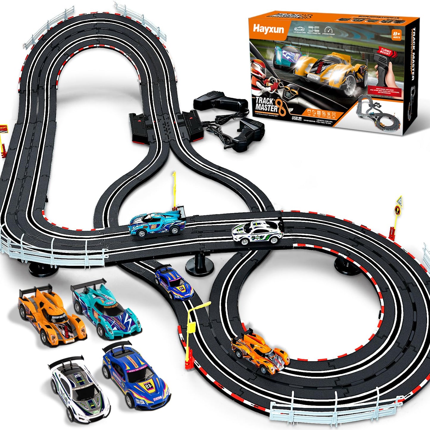 Electric Slot Car Race Track Sets - Race Car Track Sets With 4 High-Speed Slot Cars 1:43 With Headlights, 2 Hand Controllers, Du