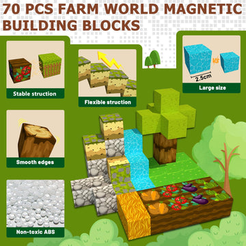 Planeko Magnetic Blocks Building Toys 70Pcs 1'' Magnet Blocks Farm Magnetic Toys For Kids 4-8 Stem Sensory Montessori Toys For T
