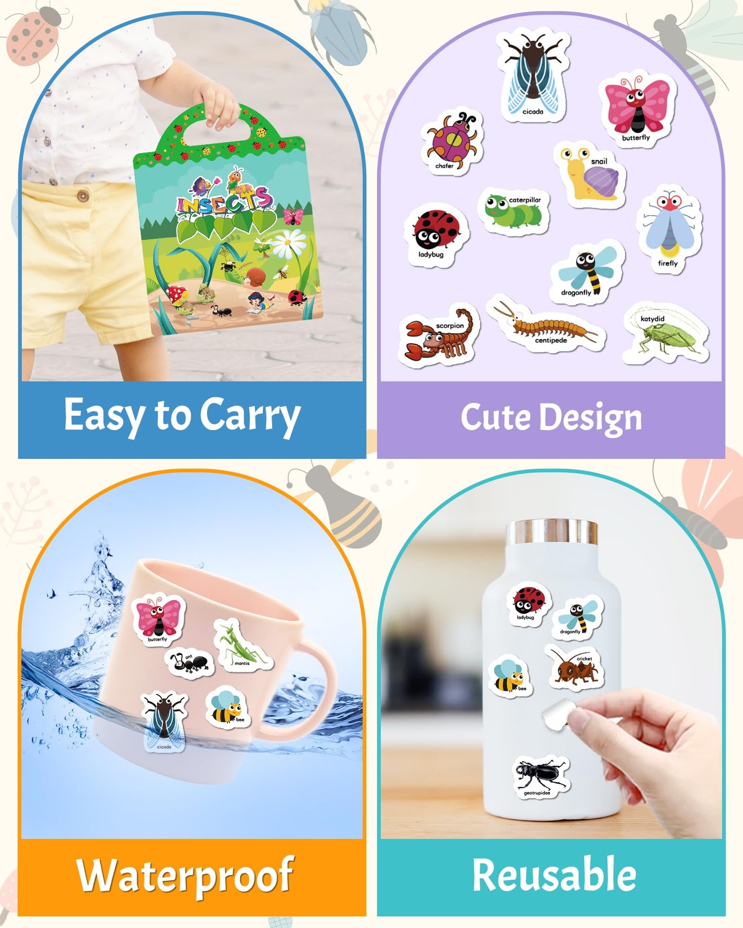 Benresive Reusable Sticker Book For Toddlers 2-4 Years, Fun Travel Stickers For Kids, Waterproof Sticker Books For Toddlers 1-3, Crafts Activities For Todddlers 1-3 2-4 3-5 - Insect