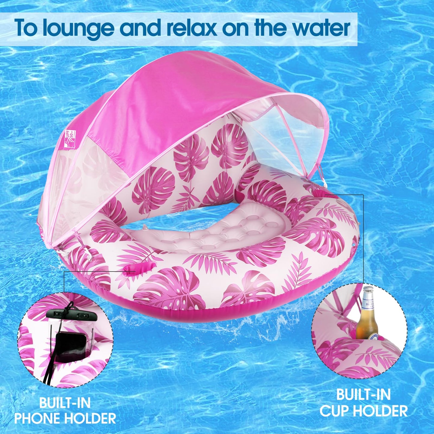 Coolcooldee New Upgraded Pool Chair Float With Shade,Xl Pool Floats For Adults Heavy Duty,Inflatable Pool Chair Lounge Float With Cup Holder & Backrest For Pool,Lake,Beach,Pink