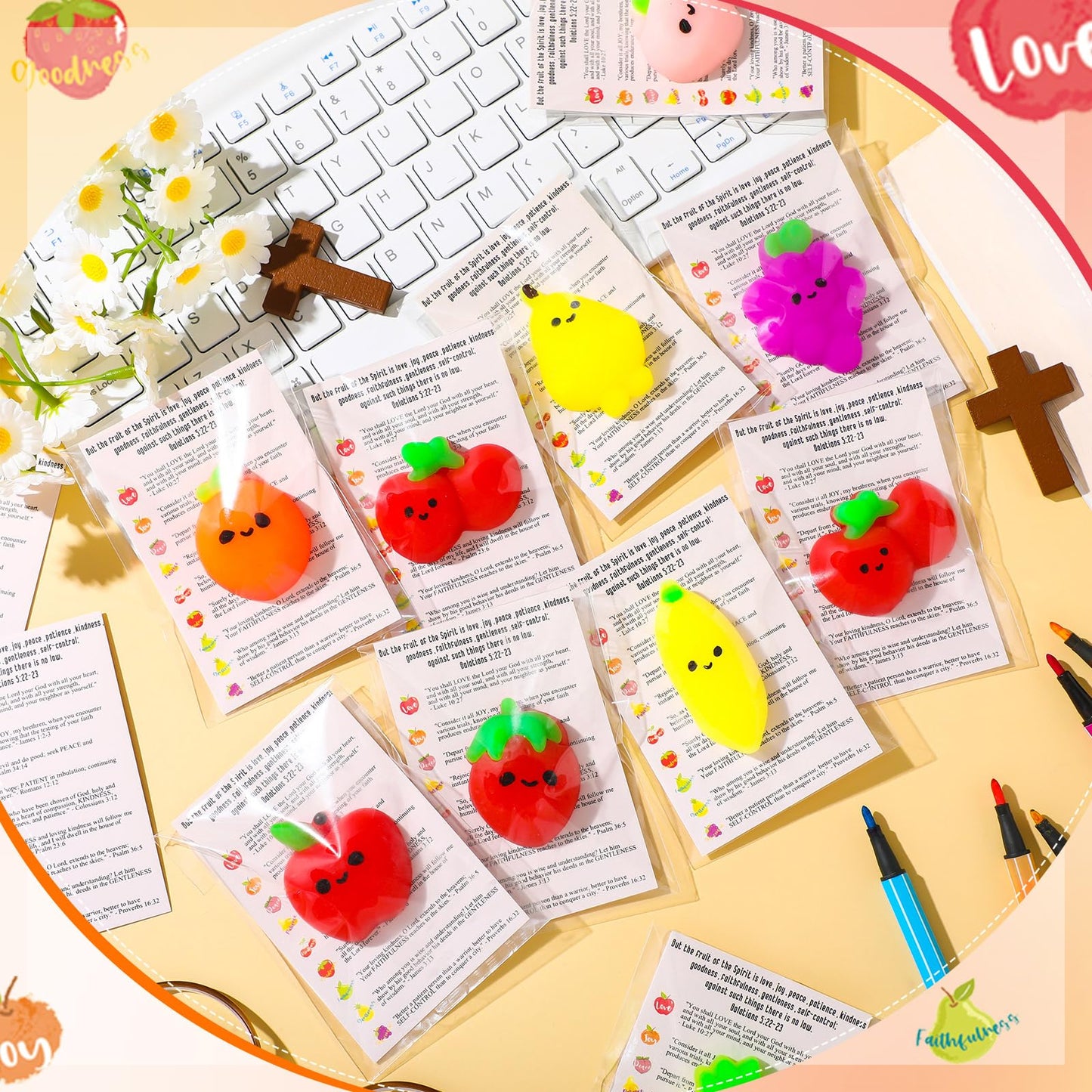 Fuyoooo 45 Sets Christian Fruit of The Spirit Gifts Bulk Mini Fruit Squeeze Religious Bible Verse Spiritual Cards for Students Church Sunday School Classroom Reward