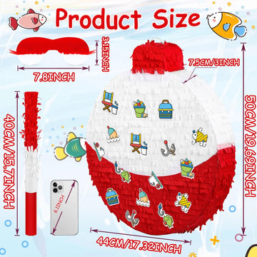 Large Fishing Bobber Piata 19.7 Inch Fishing Birthday Party Decorations Gone Party Supplies with a Blindfold and Bat Confetti St