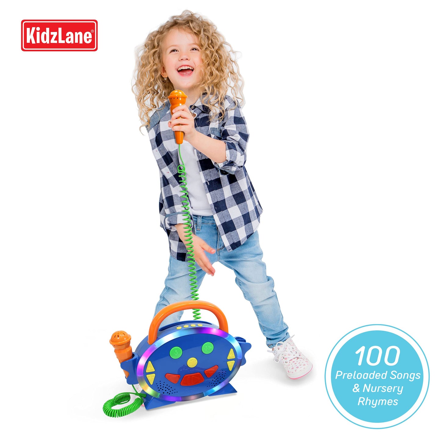 Kidzlane Kids Karaoke Machine - Singing Machine With 2 Microphones And Bluetooth - 100 Pre-Loaded Songs - Kids Music Player With Voice Changer, Record And Playback, And Multicolored Led Lights
