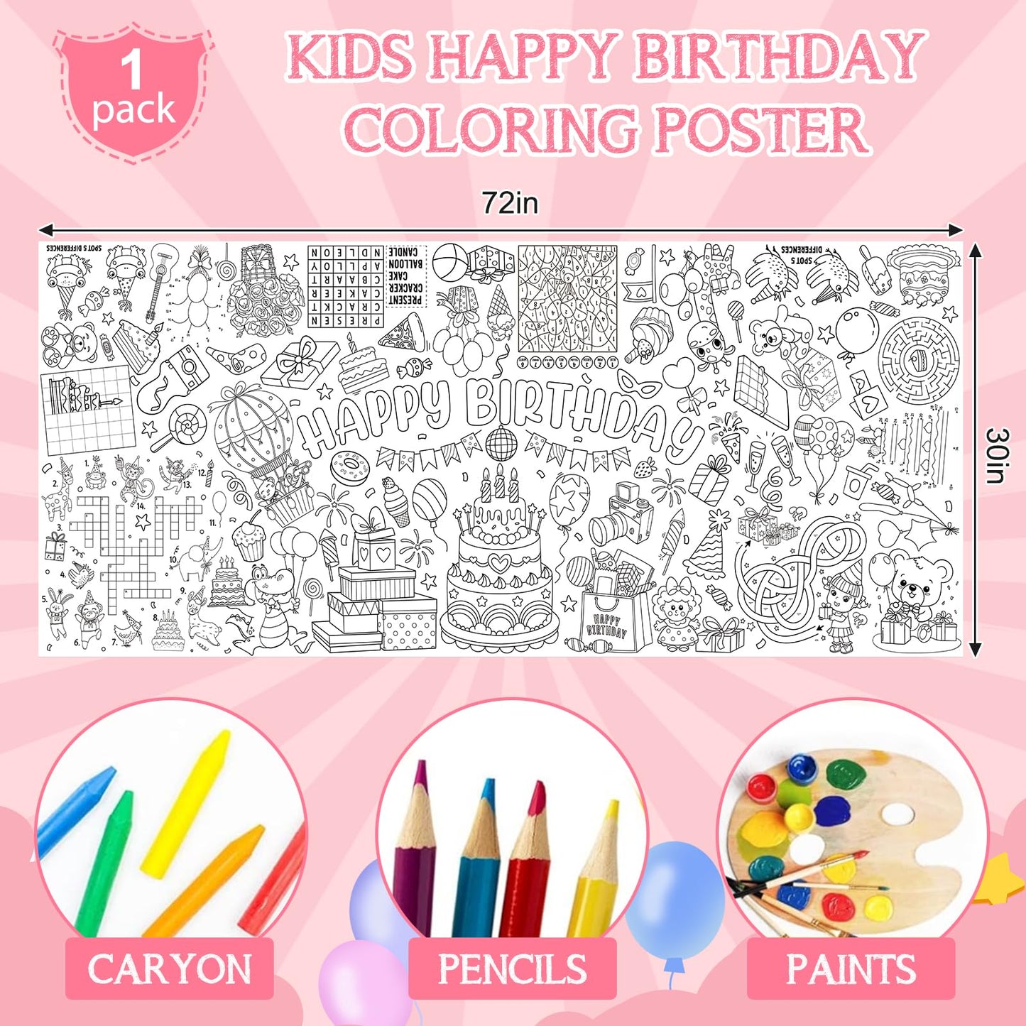 Happy Birthday Giant Coloring Poster For Kids 30X72 Inch, Birthday Large Coloring Poster Tablecloth, Birthday Themed Color-In Ac