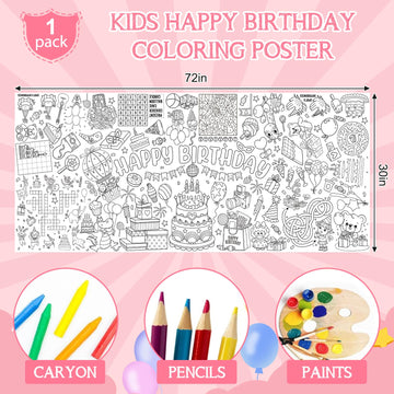 Happy Birthday Giant Coloring Poster For Kids 30X72 Inch, Birthday Large Coloring Poster Tablecloth, Birthday Themed Color-In Ac