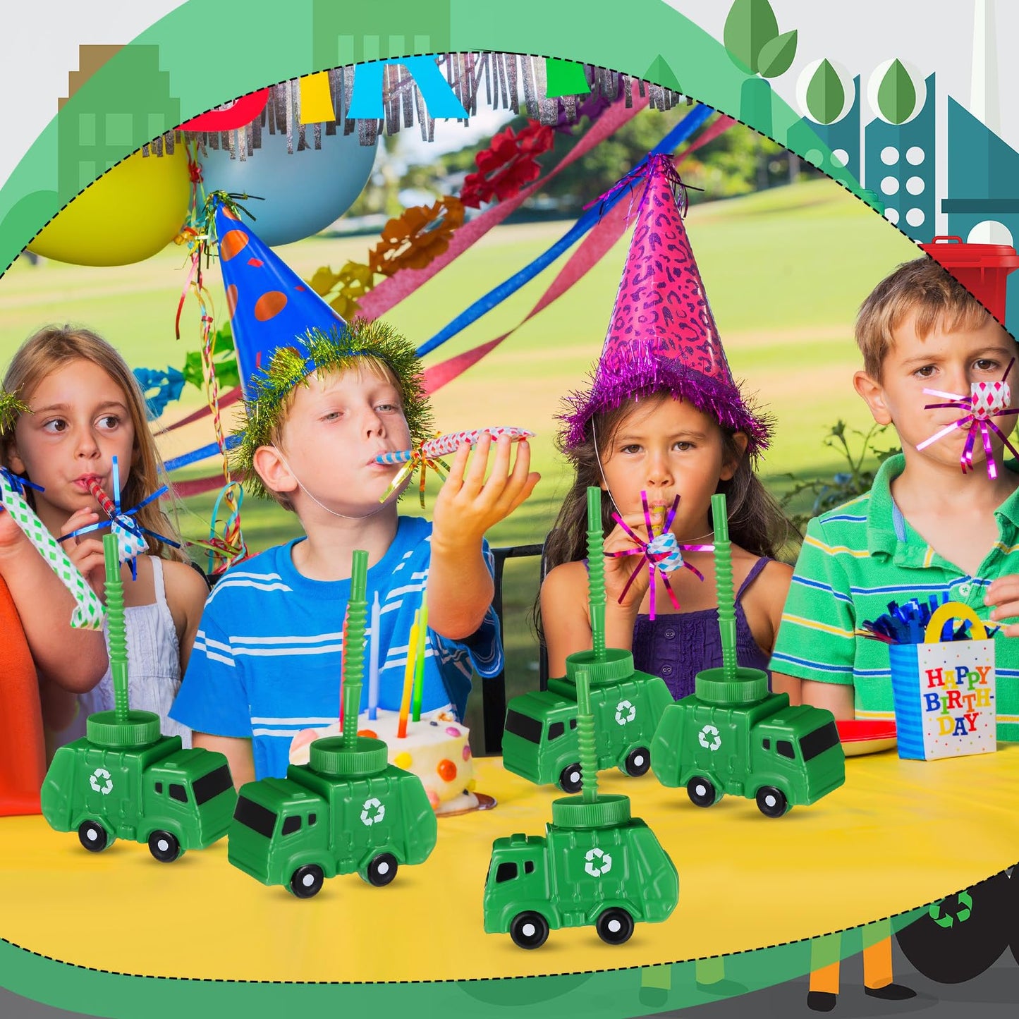 Tanlade 12 Sets Garbage Truck Cups with Straws, Trash Truck Birthday Party Decorations, 10 oz Plastic Garbage Car Shape Cup Reus